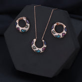 Rose Gold Rainbow CZ Crescent Necklace With Earrings Set